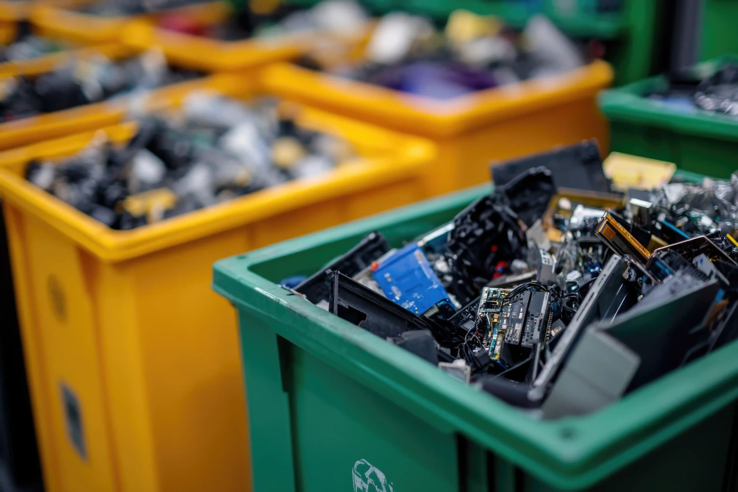 Sorted circuit boards and electronic components in collection bins for safe handling and resource recovery in business environments