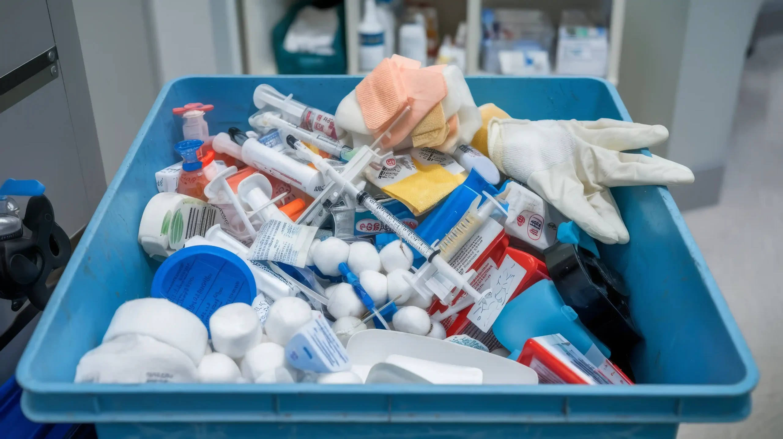 Clinical waste bin containing syringes PPE and medical materials for compliant healthcare waste segregation NSW