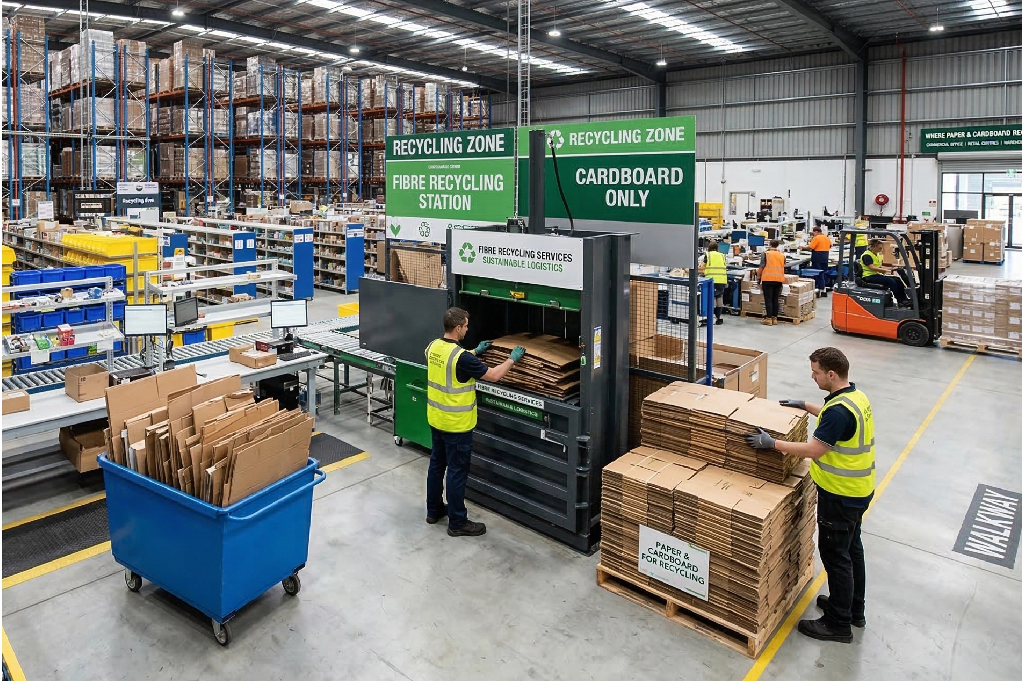 Warehouse cardboard recycling process with baling equipment for commercial and industrial waste management in NSW