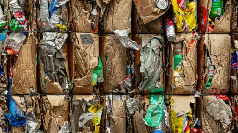 Mixed recyclable waste materials including cardboard, plastics and cans for commercial commingled recycling services and waste management systems