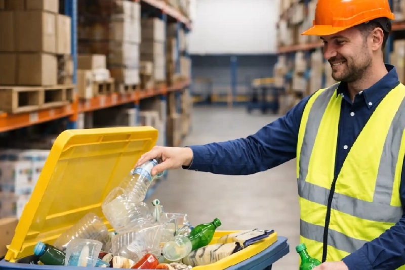Worker sorting plastic bottles into recycling bin for commingled recycling in commercial and industrial waste management environments