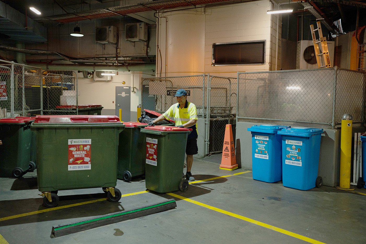 wastefree operator managing commercial waste bins to support environmental compliance and recycling outcomes in industrial facility